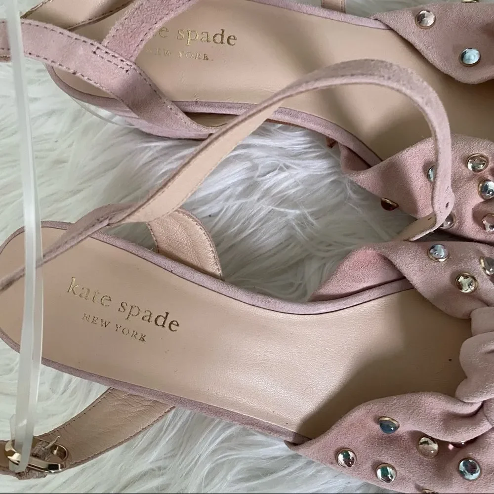 NEW! Kate Spade Emilia pink blush studs suede chunky heels sandals 7.5M